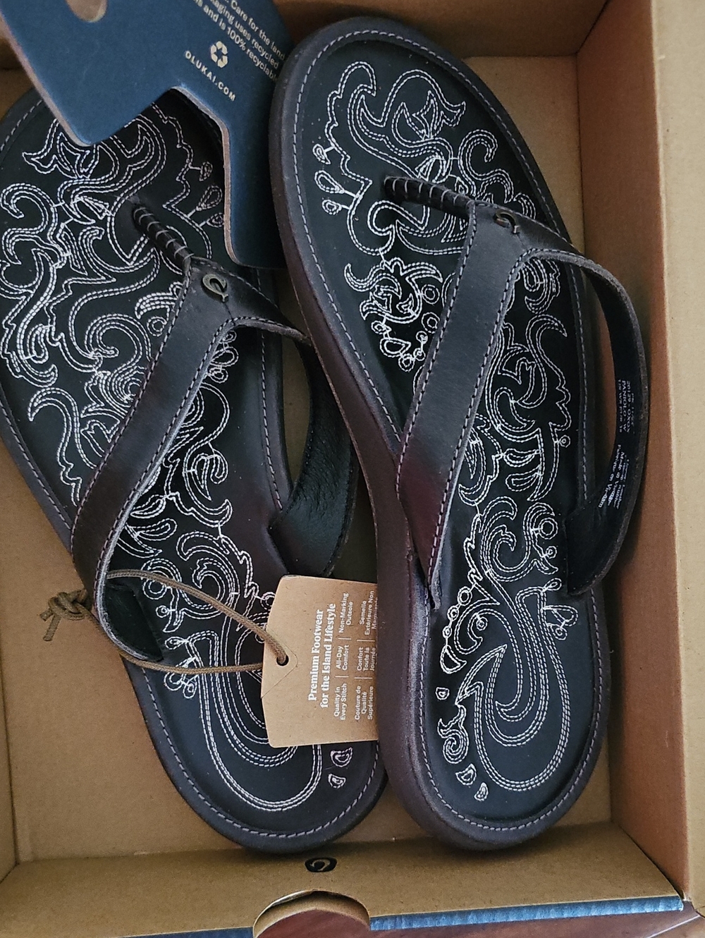 OluKai Black Leather Flip-Flop Sandals with White Embroidery